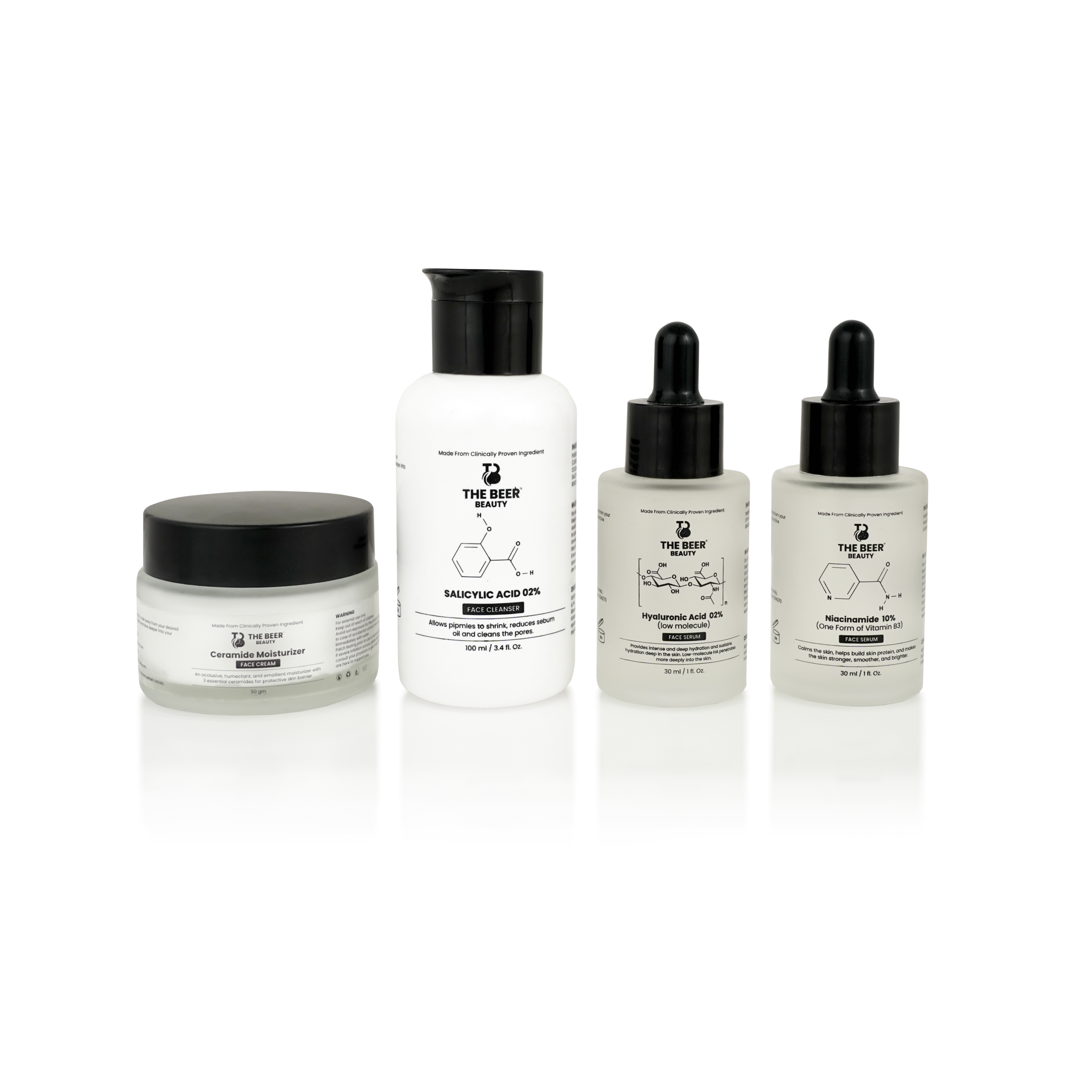 4-step skincare routine with salicylic acid, niacinamide, hyaluronic acid, and ceramide moisturizer by The Beer Beauty