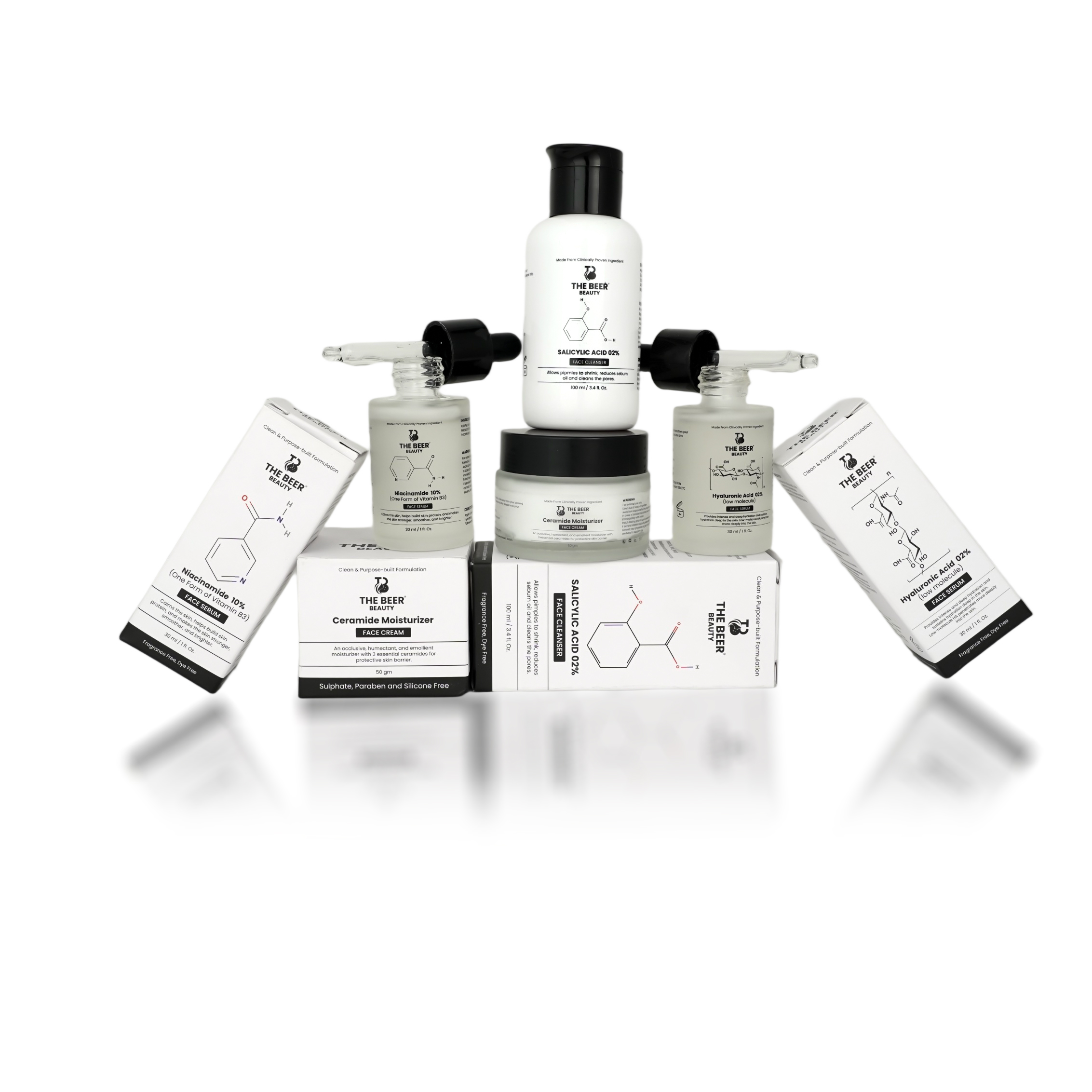 4-step skincare routine with salicylic acid, niacinamide, hyaluronic acid, and ceramide moisturizer by The Beer Beauty