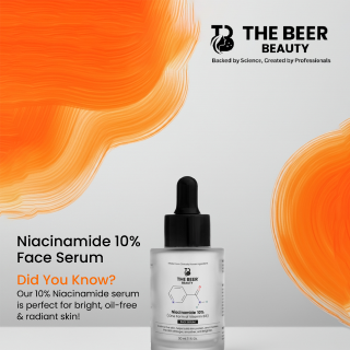 "Niacinamide 10% face serum by The Beer Beauty – single active Vitamin B3-based serum for oily, acne-prone, and sensitive skin. Reduces redness, minimizes pores, controls oil, and improves texture. Cruelty-free, alcohol-free, and made in India with a water-based formula."