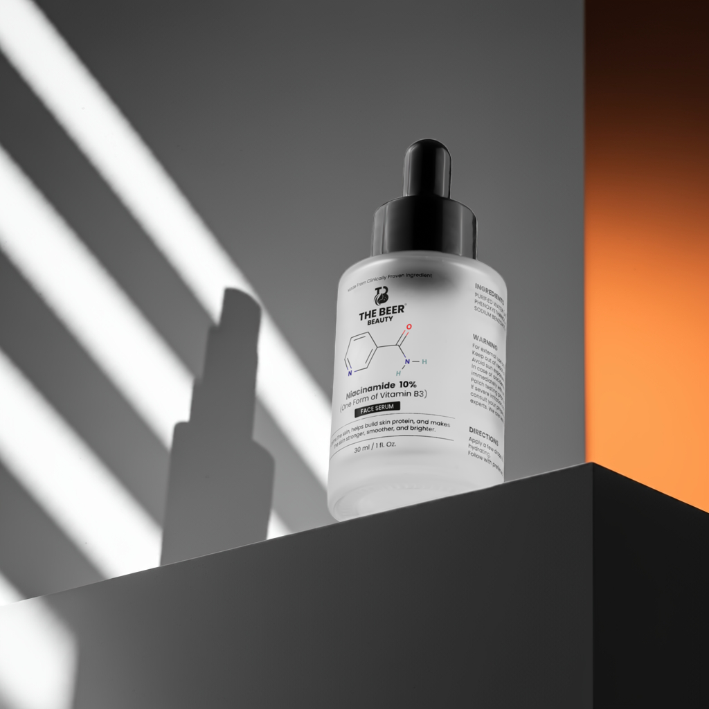"Niacinamide 10% face serum by The Beer Beauty – single active Vitamin B3-based serum for oily, acne-prone, and sensitive skin. Reduces redness, minimizes pores, controls oil, and improves texture. Cruelty-free, alcohol-free, and made in India with a water-based formula."