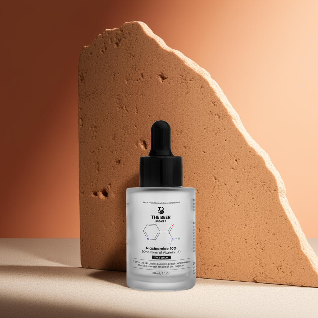"Niacinamide 10% face serum by The Beer Beauty – single active Vitamin B3-based serum for oily, acne-prone, and sensitive skin. Reduces redness, minimizes pores, controls oil, and improves texture. Cruelty-free, alcohol-free, and made in India with a water-based formula."