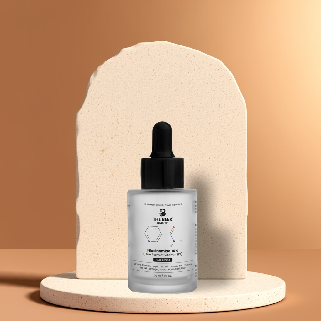 "Niacinamide 10% face serum by The Beer Beauty – single active Vitamin B3-based serum for oily, acne-prone, and sensitive skin. Reduces redness, minimizes pores, controls oil, and improves texture. Cruelty-free, alcohol-free, and made in India with a water-based formula."